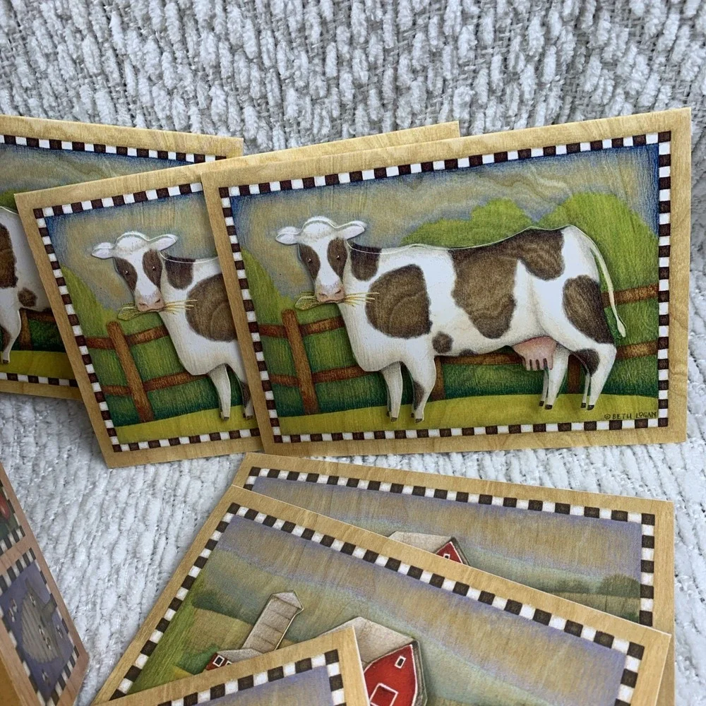VTG 2003‎ BETH LOGAN Wooden Box With 3D Notecards Farm Cow Barn Rooster Daisies